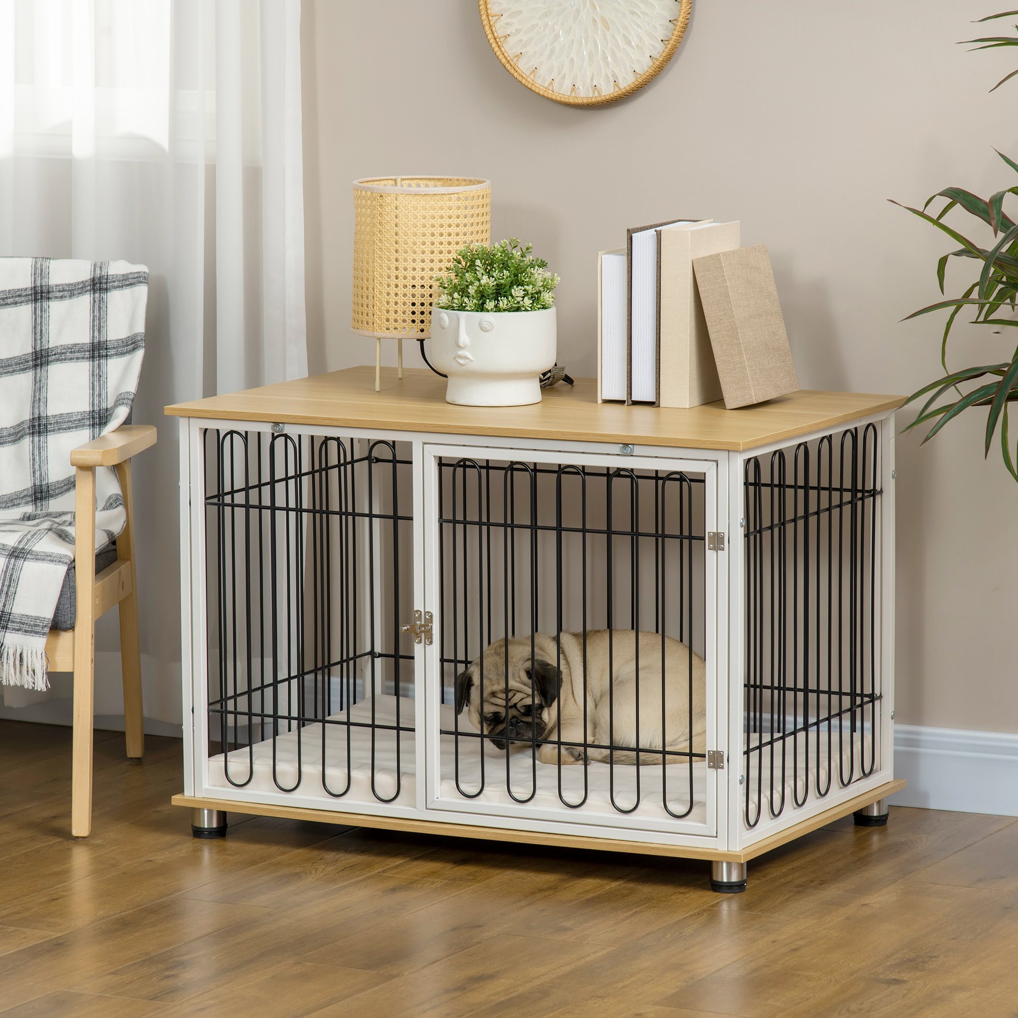 Gaiola para cães PawHut para uso doméstico, 90x58x62,5 cm, com mesa lateral, almofada lavável, porta com trava e grades de aço, cor carvalho.