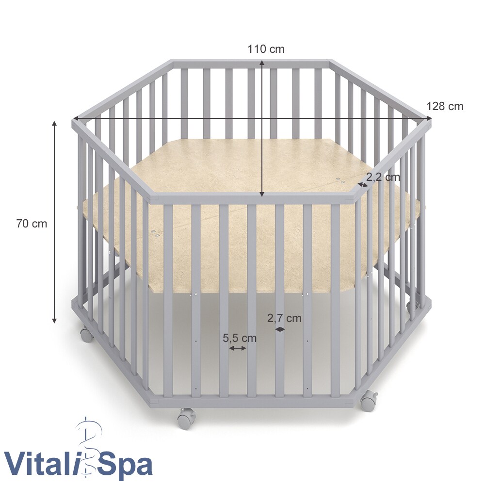 VITALISPA Laufgitter 6-eckig grau mit Laufgittereinlage Laufstall Krabbelgitter
