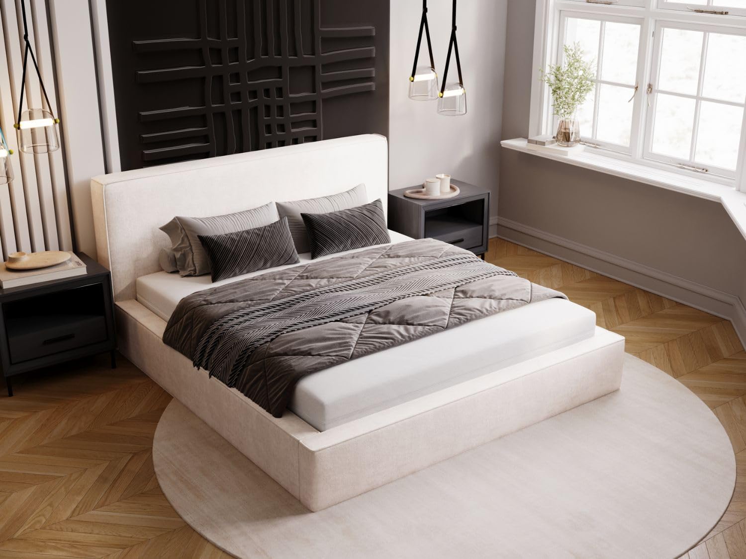 GRAINGOLD Monaco Bett 140x200, Polsterbett mit Bettkasten, Polsterbett mit Stauraum, Velour, mit Lattenrost, mit Kopfteil, ohne Matratze (Creme, 140x200)