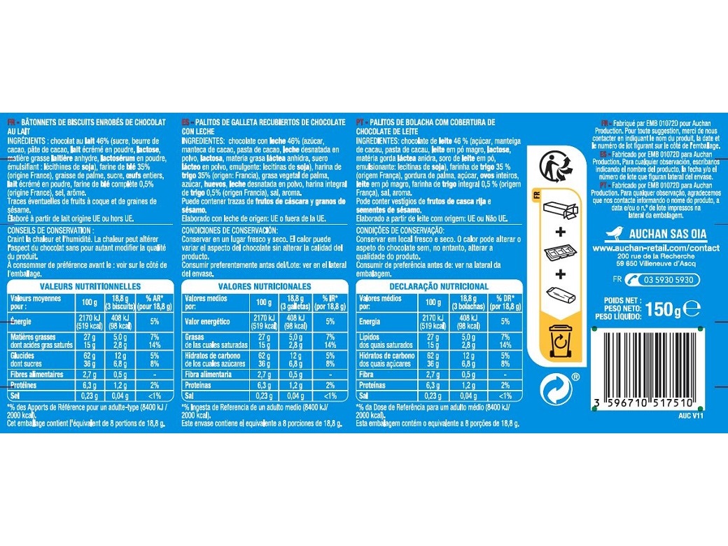 PALITOS DE BOLACHA AUCHAN COM COBERTURA DE CHOCOLATE LEITE 24UN (APROX) 150G