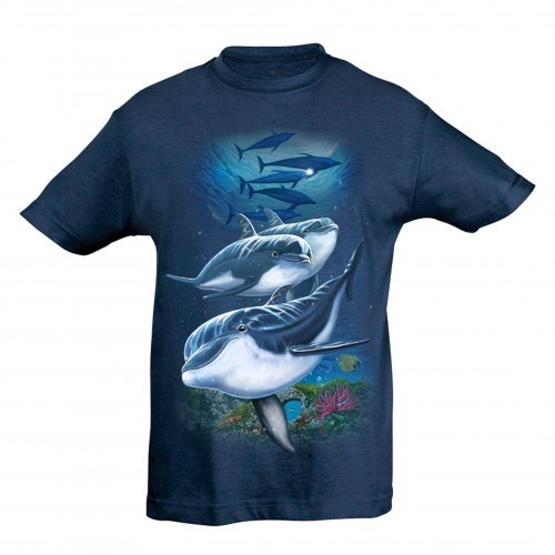 Camiseta infantil com estampa de golfinhos, azul.