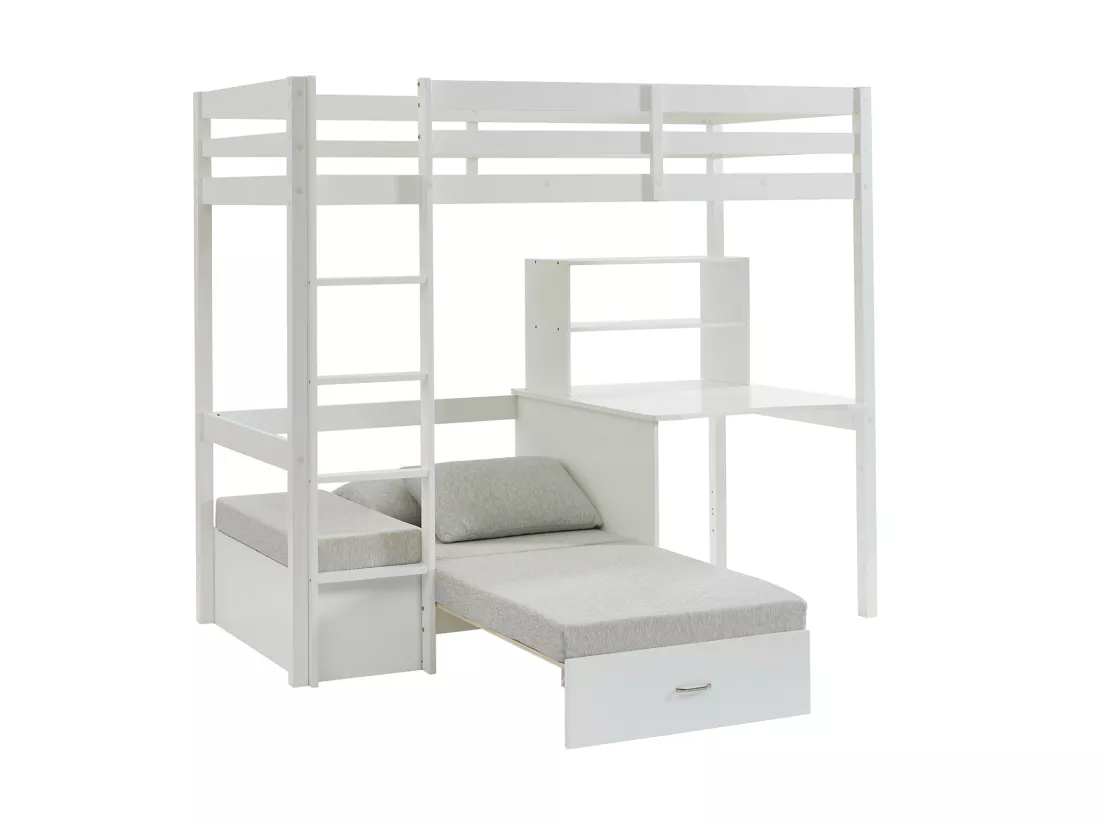 Lit mezzanine 90 x 200 cm avec bureau, sofa convertible et rangements - Pin et MDF - Blanc - GOLIATH III