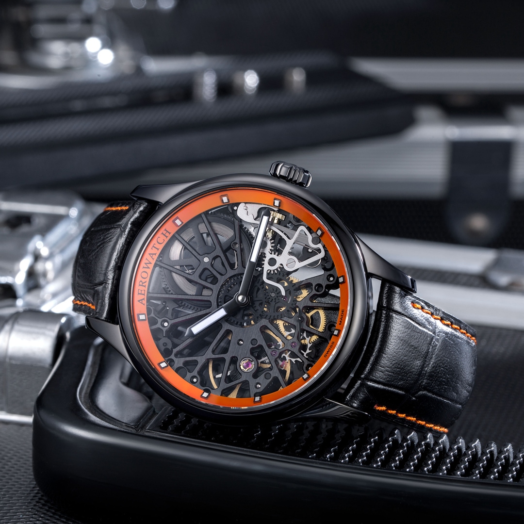 Aerowatch Renaissance Cobweb Skeleton Schwarz / Orange