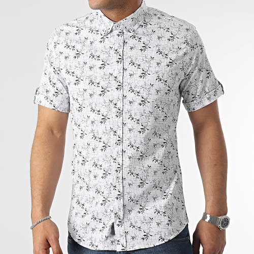 Chemise Manches Courtes Floral Blanc Bleu Clair