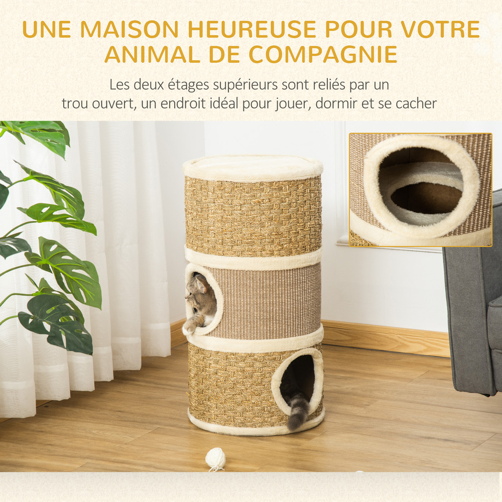Arbre à chat cylindrique sisal corde d'algues beige - 37,5l x 37,5l x 70h cm