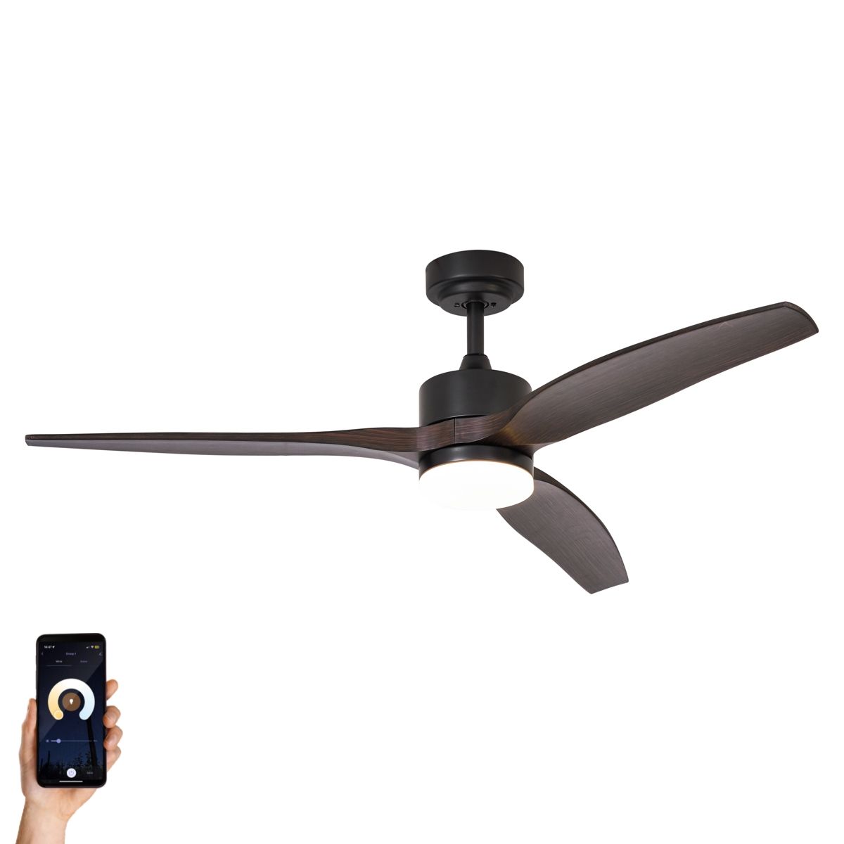 Smart plafondventilator zwart met hout print 132cm incl. LED dimbaar met afstandsbediening - Joly