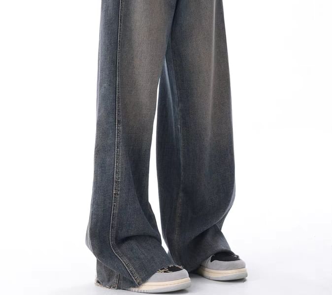 Bolgivy - Mid Rise Washed Frayed Wide Leg Jeans