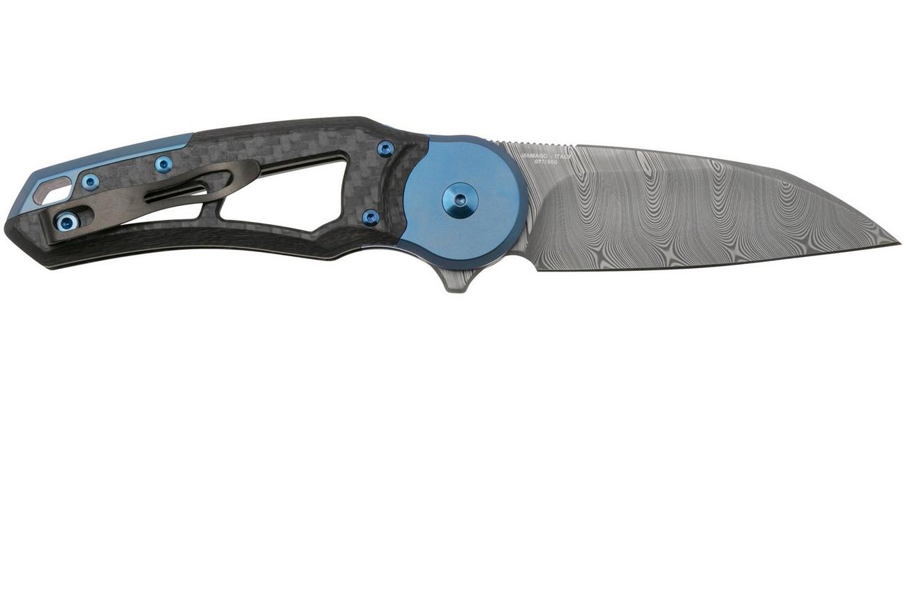 Fox Metamorphosis FX-556-B1 Damascus Wharncliffe, 3K Carbonfiber, Blue Titanium bolster zakmes