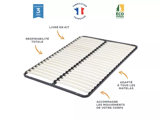 Sommier démontable + pieds 140x190 22 lattes - 44 lattes bois - Fabrication française