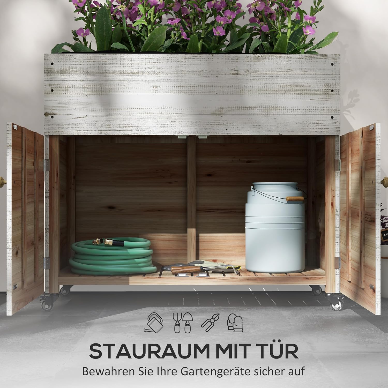 Outsunny Hochbeet aus Holz, Kräuterbeet mit Schrankfach, Frühbeet mit Rollen, Blumenkasten, Pflanzkasten mit Vliesstoff für Balkon, Garten, 110 x 50 x 95 cm, Weiß