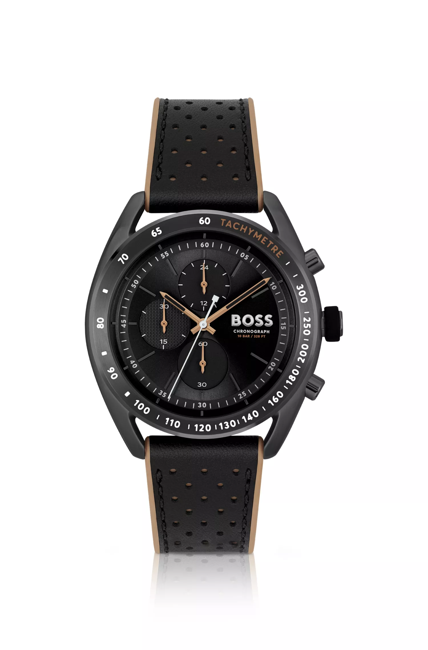 Relógio cronógrafo BOSS preto com revestimento preto e pulseira de couro perfurado.