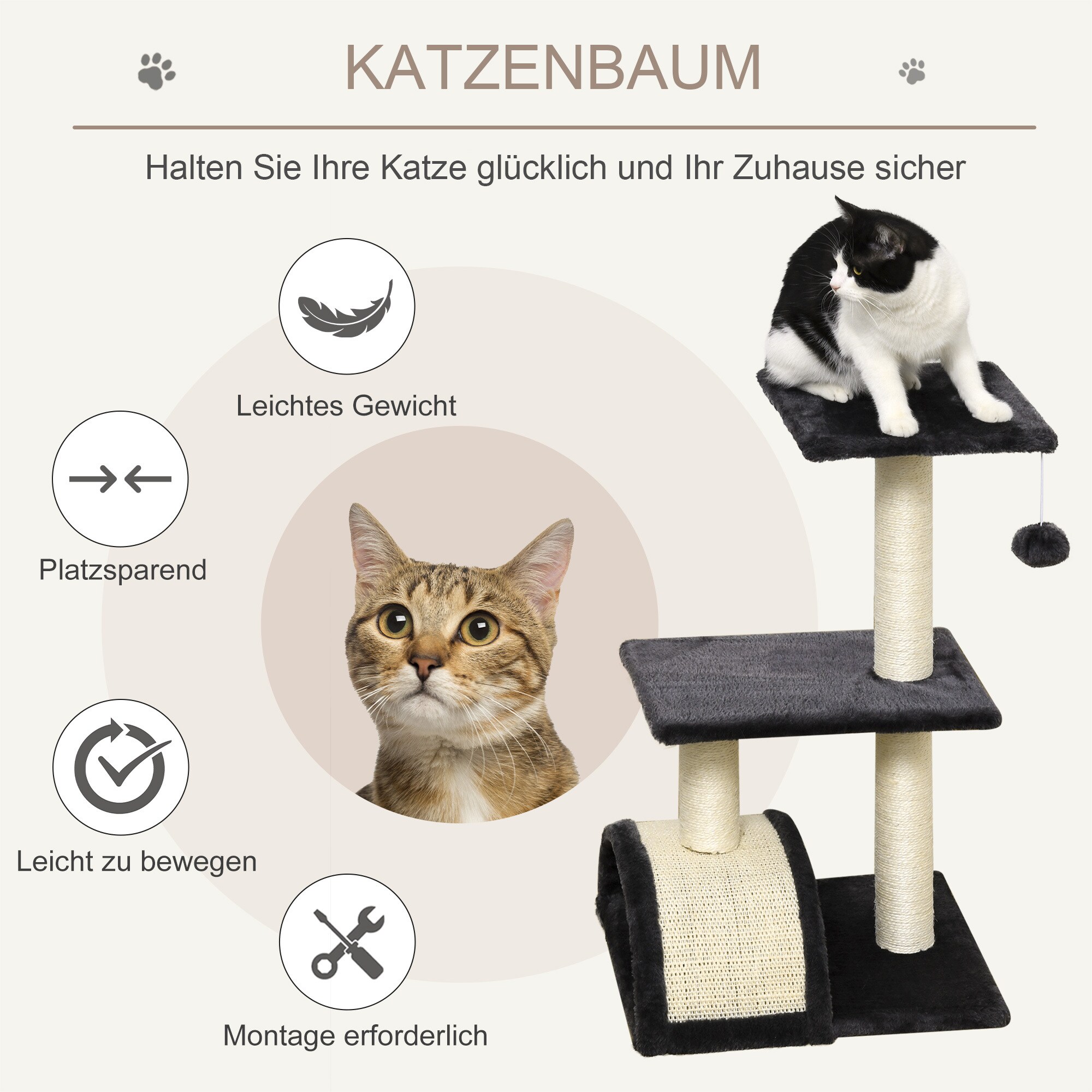 PawHut Katzenbaum mit Kratzbrett dunkelgrau, beige 40 x 35 x 72 cm (LxBxH)