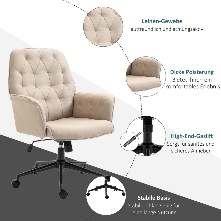 HOMCOM Bürostuhl mit Wippfunktion, aus Webstoff und Polyester, gemütlich beige