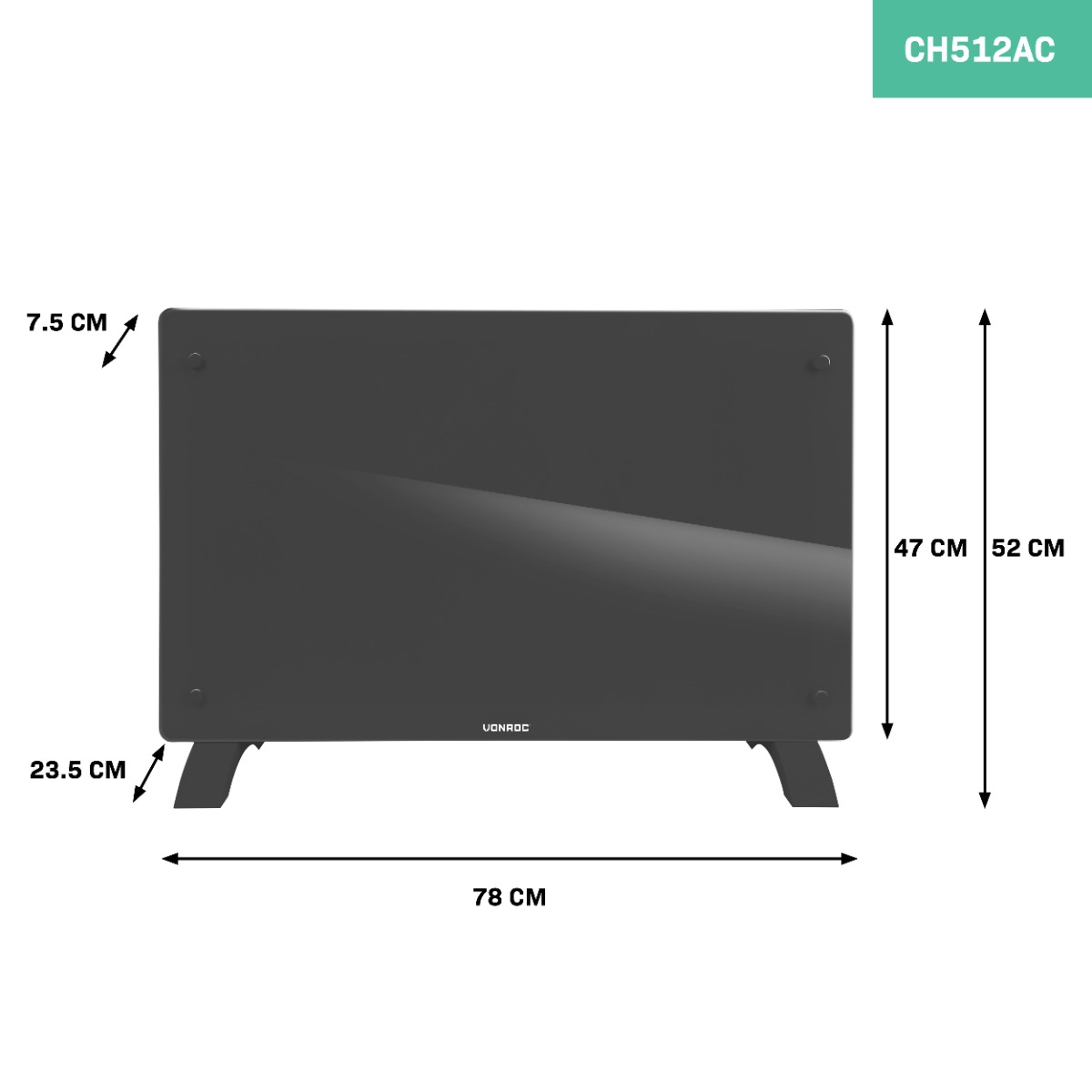Vonroc 2000 watt convector kachel met glazen paneel - Grey
