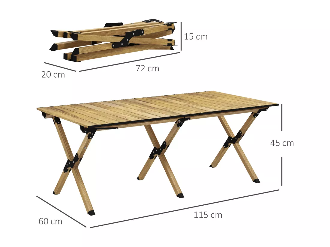 Table de camping pique-nique pliable - plateau enroulable - acier alu aspect bois naturel