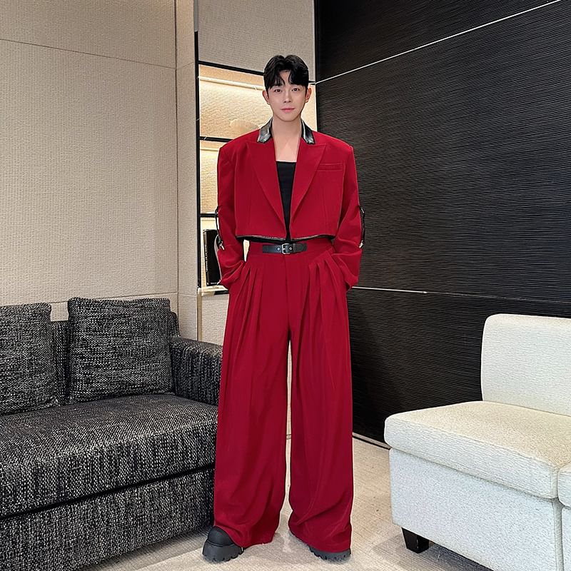 Freehop - Set: Peak Lapel Two Tone Faux Leather Panel Open Front Crop Blazer + Mid Rise Wide Leg Dress Pants