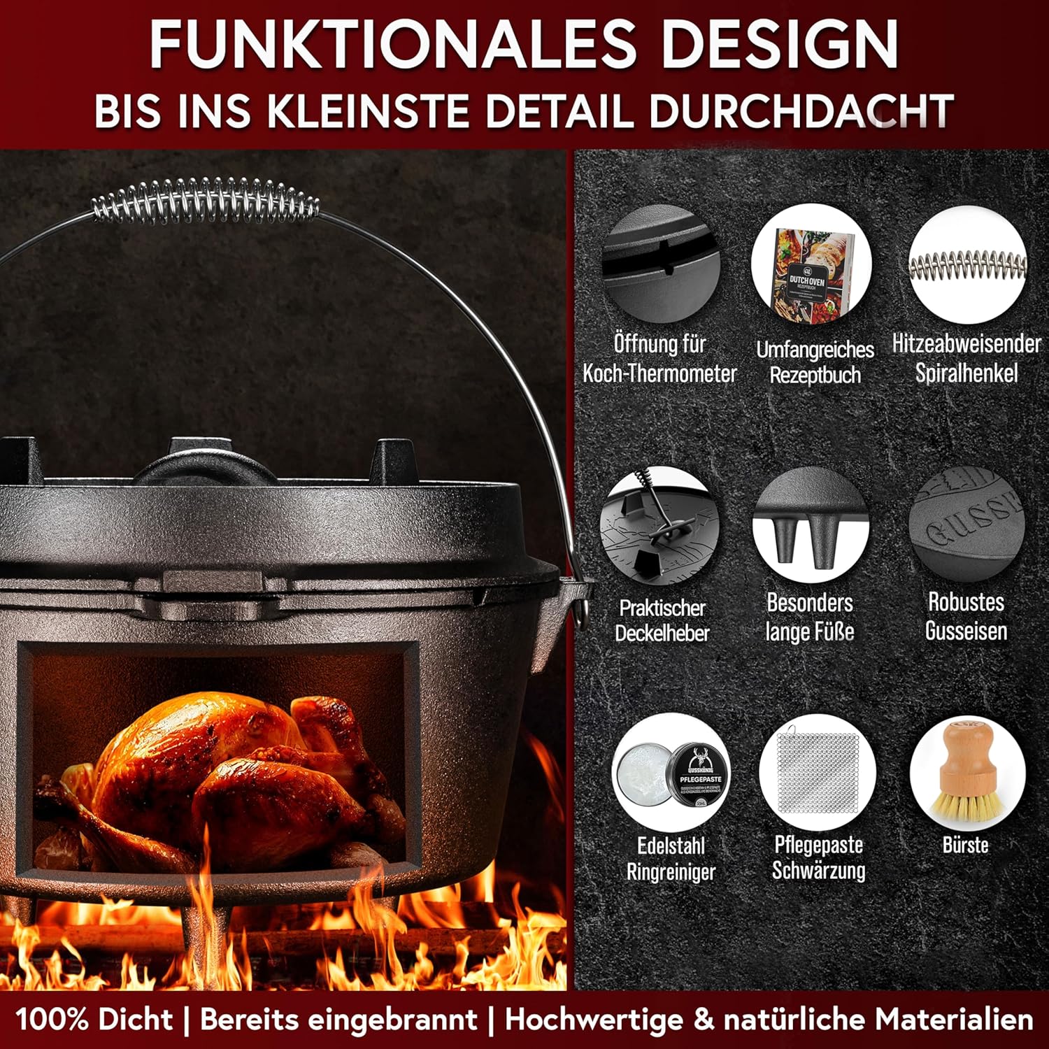 Dutch Oven Set 4,5 Liter [für 2–4 Person] – Eingebrannter Feuertopf mit Füße, inkl. praktischem Deckelheber, Ringreiniger, Pflegepaste, Bürste & Rezeptbuch – 30 Jahre Garantie