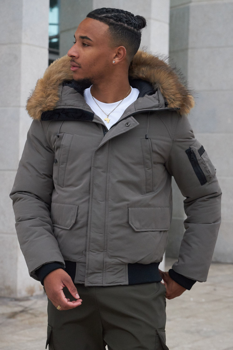 Parka bi-matière olive à capuche en fourrure