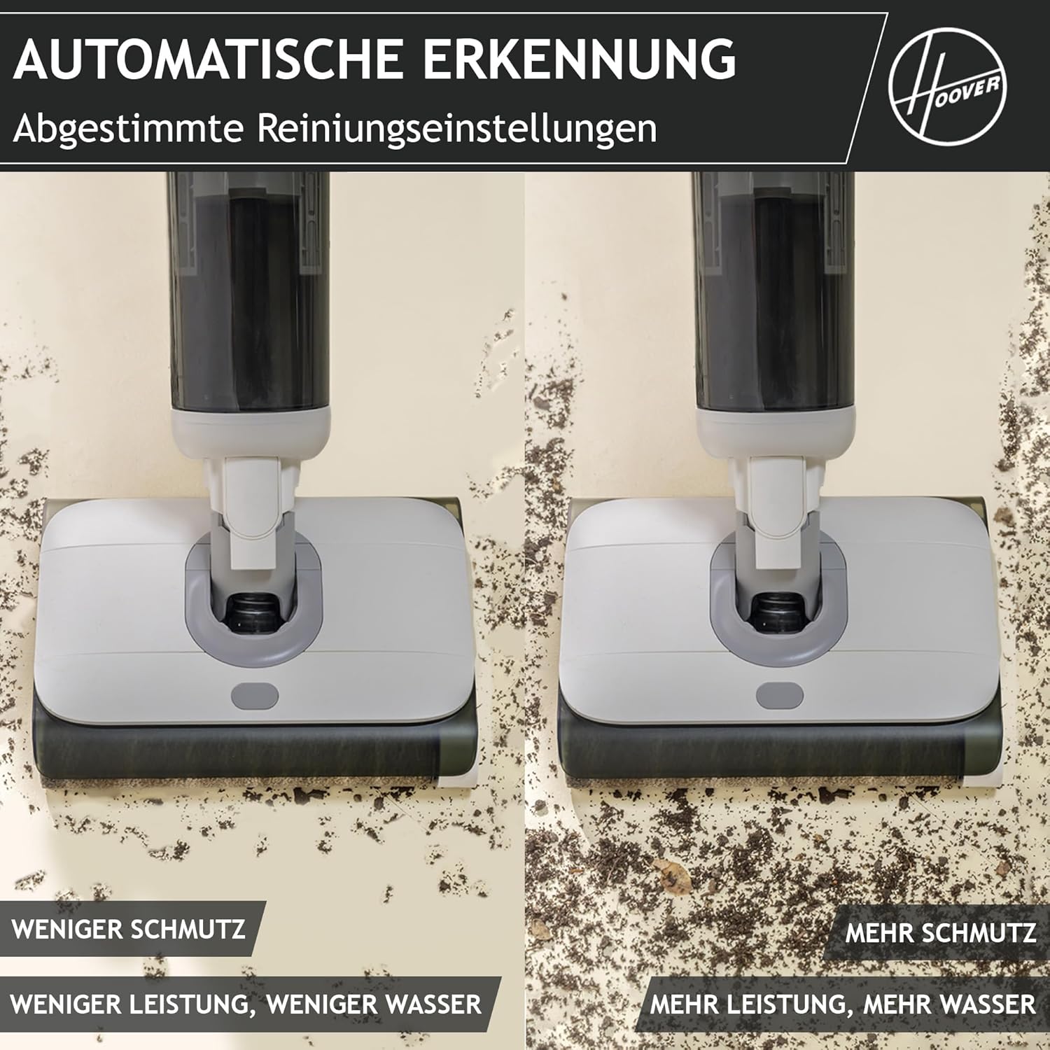 Hoover HW5 kabelloser Nass-Trockensauger und Saugwischer für Hartböden mit Hochleistungsmotor, Doppelwalzen-System, intelligente Schmutzerkennung, Selbstreinigungsfunktion, 230W [HW500]