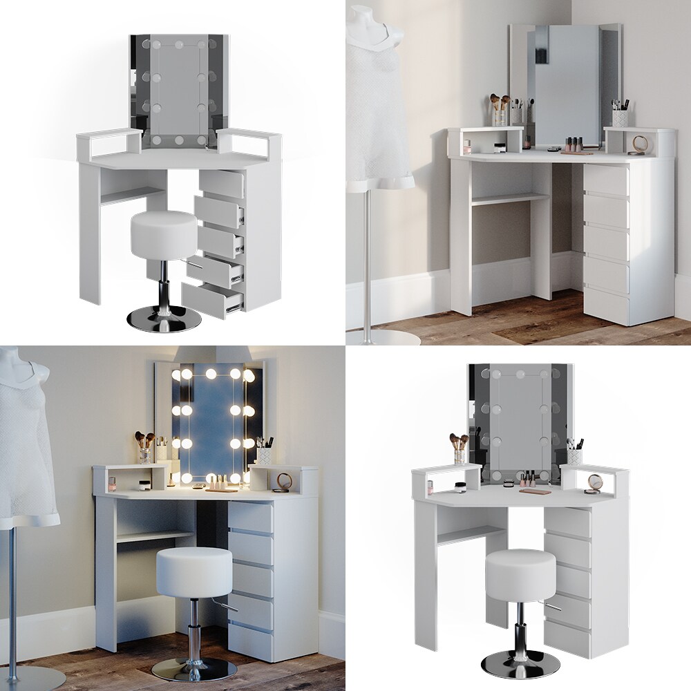 Vicco Eckschminktisch Frisiertisch Frisierkommode Tilda Weiß Spiegel LED Hocker