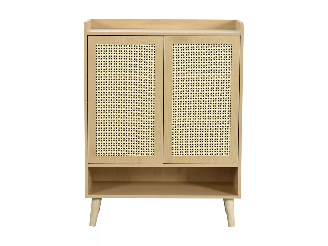 Meuble à chaussures en rotin naturel - 2 portes et 5 étagères - bois massif - chêne