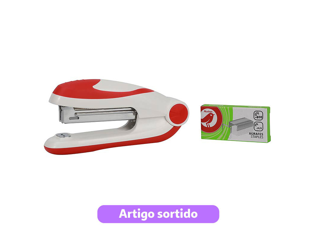 CONJUNTO DE MINI AGRAFADOR N.10 AUCHAN E CAIXA COM 400 AGRAFOS CORES SORTIDAS