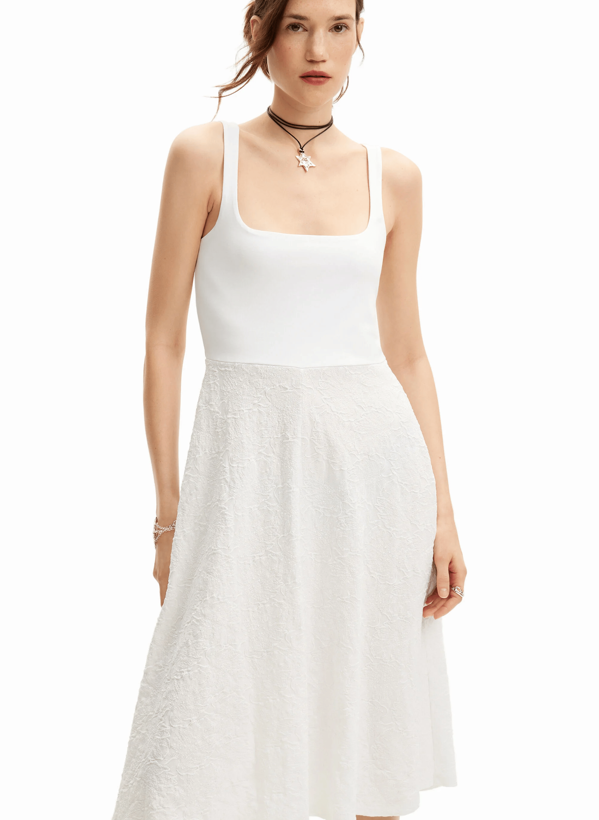 Robe midi droite encolure carrée en coton mélangé | Blanc