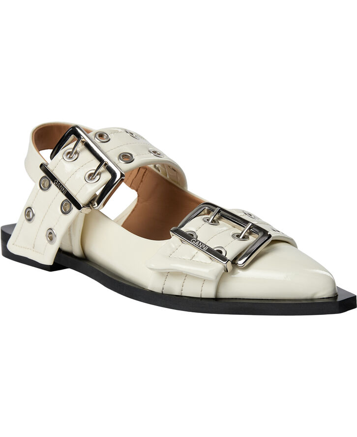 Ganni Wide Welt Buckle Ballerina Naplack Egret