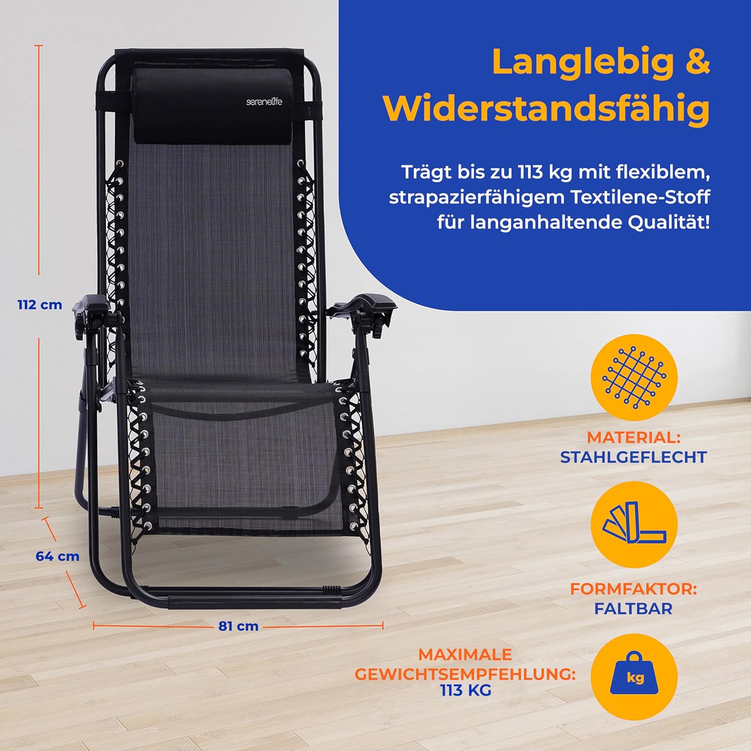 SereneLife Liegestuhl, Gartenliege Klappbar, Strandliege, Sonnenstuhl als Gartenbett mit atmungsaktivem Textil, Verstellbar zum Liegen für Garten & Camping mit Seitentisch, Kopfkissen & Getränkehalter