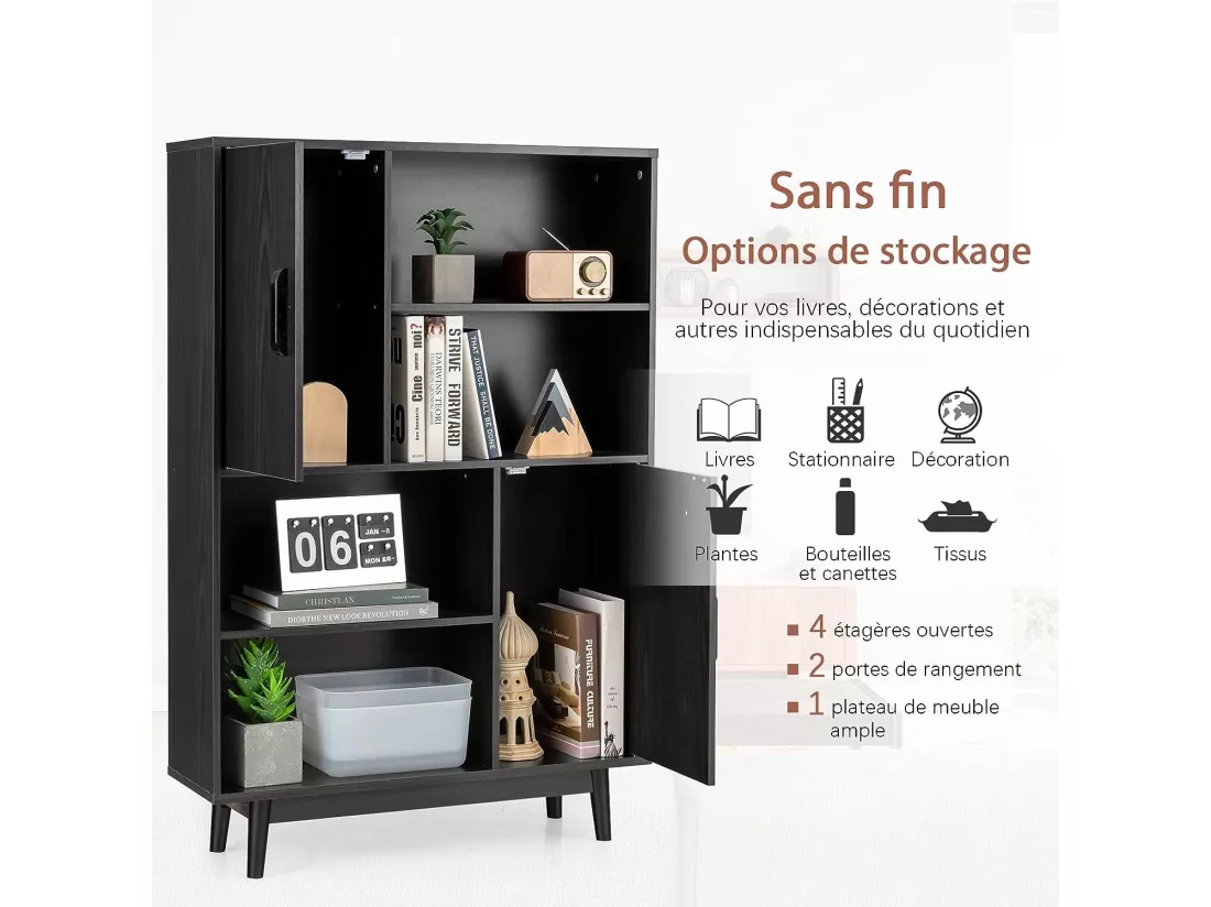 Bibliothèque, étagère à 4 niveaux avec 2 portes, meuble de rangement avec patins anti