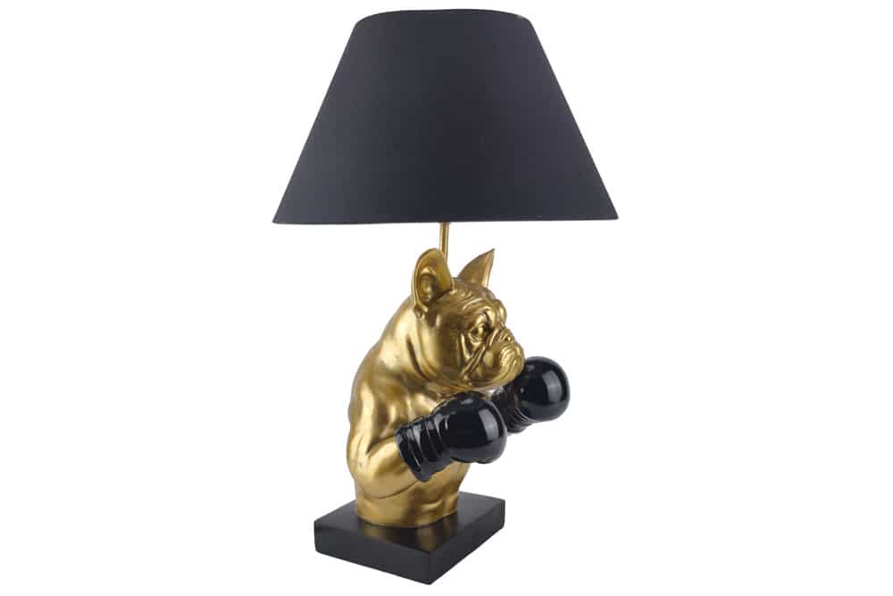Handgefertigte Tischlampe BULLDOG 55cm schwarz gold Stoffschirm Hunde-Skulptur Boxer