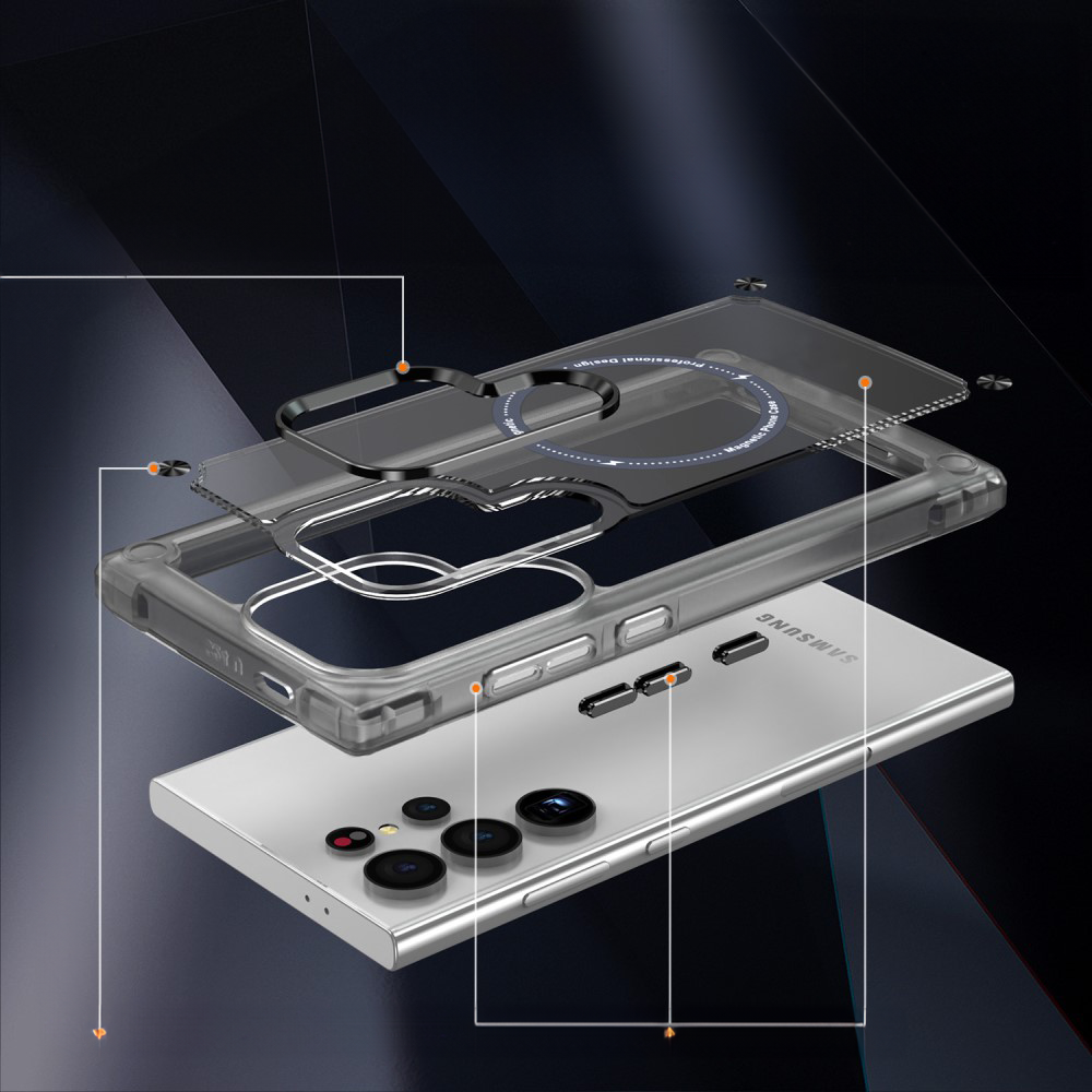 Samsung Galaxy S25 Ultra Hardcase Hülle mit Air Cushion Fallschutz MagSafe-Modul - Schwarz / Transparent