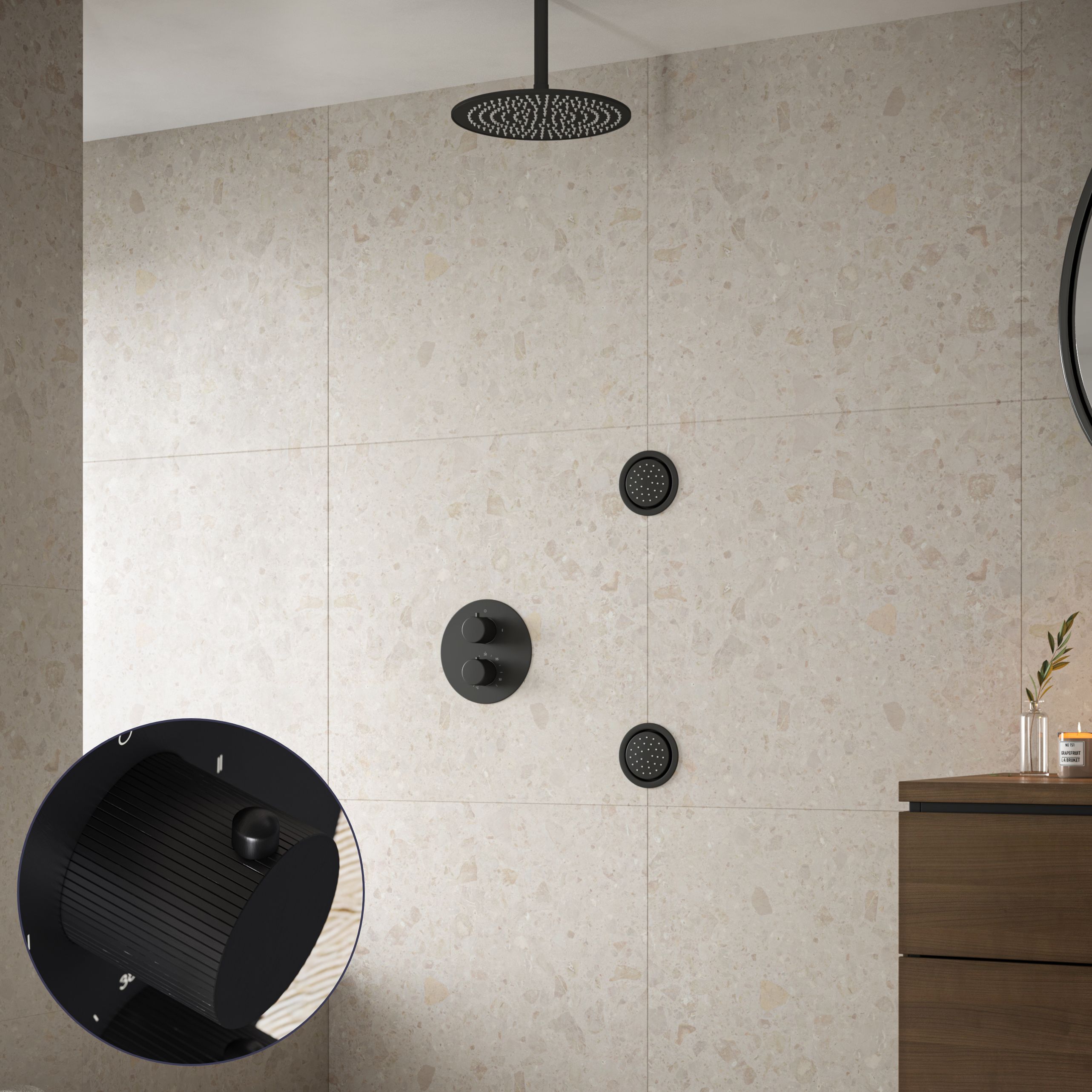 Saniclear Nero Stripes inbouw regendouche 20cm met ronde massagejets en plafondarm zwart mat