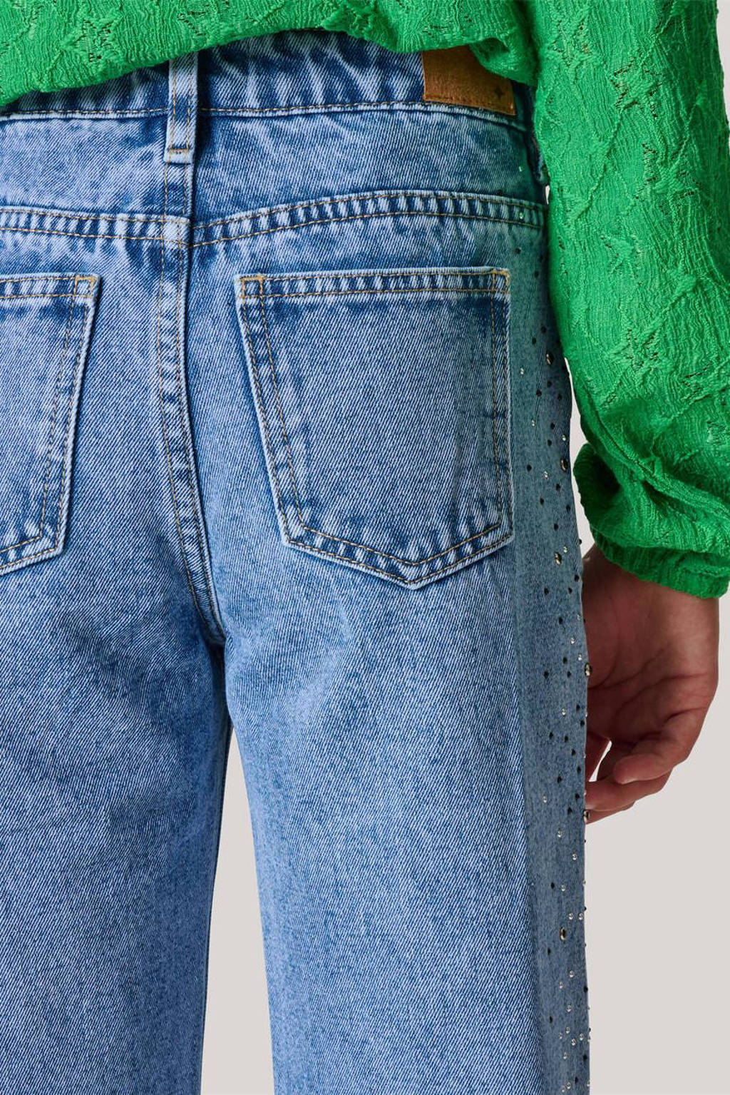 Shoeby high fit straight leg jeans met studs en strass medium blue denim