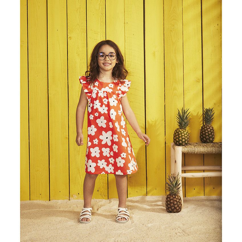 Robe manches courtes volantées imprimé fleurs pour fille - Rouge