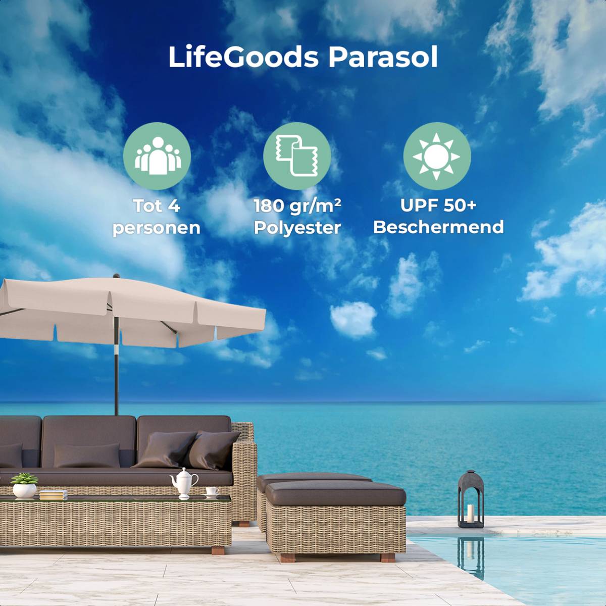 LifeGoods 200 x 125 cm parasol met hoes - Taupe