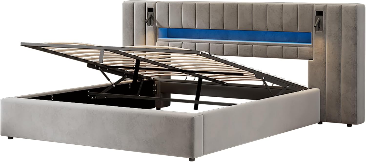 Kayan Polsterbett 180x200cm, Boxspringbett mit hydraulisches Bettkasten, Doppelbett mit LED-Kopfteil und Lattenrost, Leselicht mit USB Aufladen, Stauraumbett Jugendbett Bettgestell, Samt