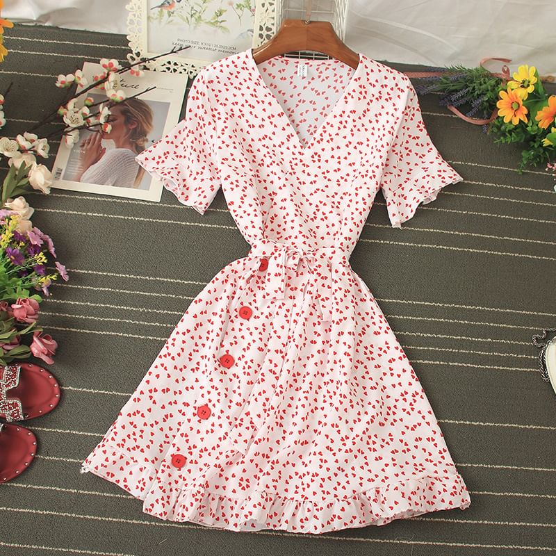 sunnysnow - Mini A-lijn jurk met korte mouwen, V-hals en bloemenprint
