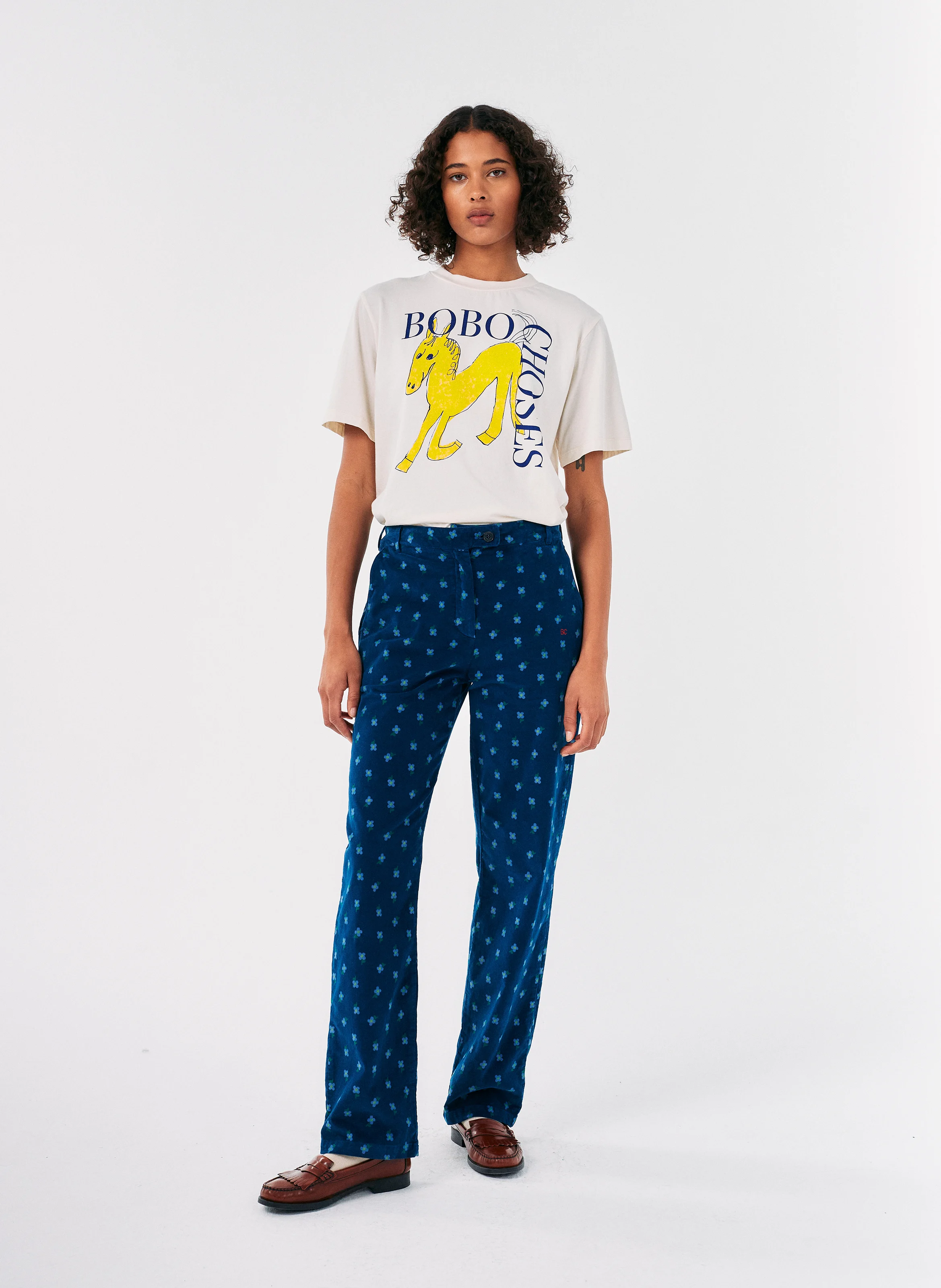 Pantalon droit en coton mélangé imprimé | Bleu