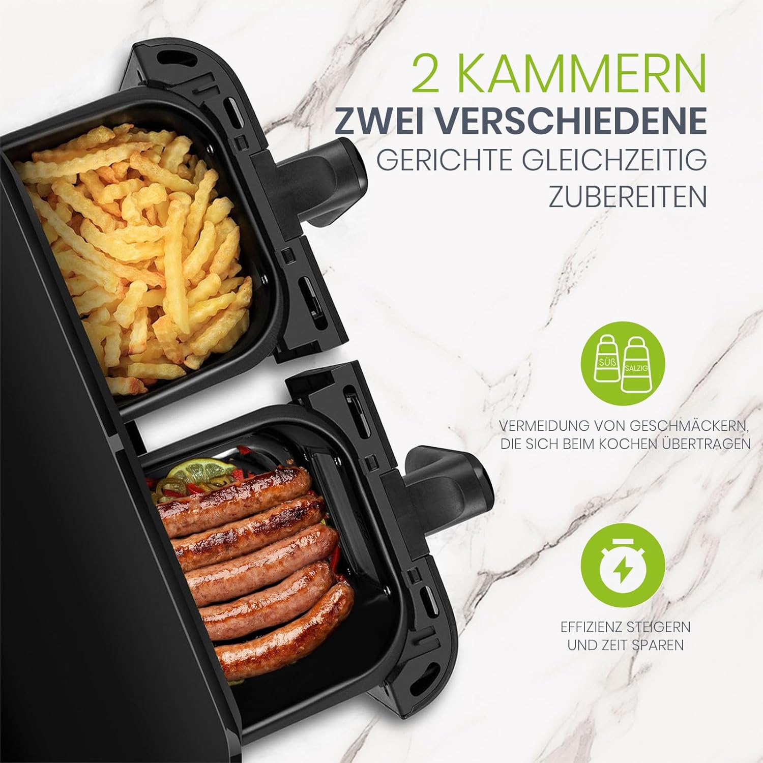 Heißluftfritteuse 2 Kammern,Dual Zone Heißluftfritteuse 10L – Doppelkammer XXL 2400 W, LED-Touchscreen, 8 Programme, Friteuse Heissluft ohne Öl, Airfryer mit 2 Körben(10L)