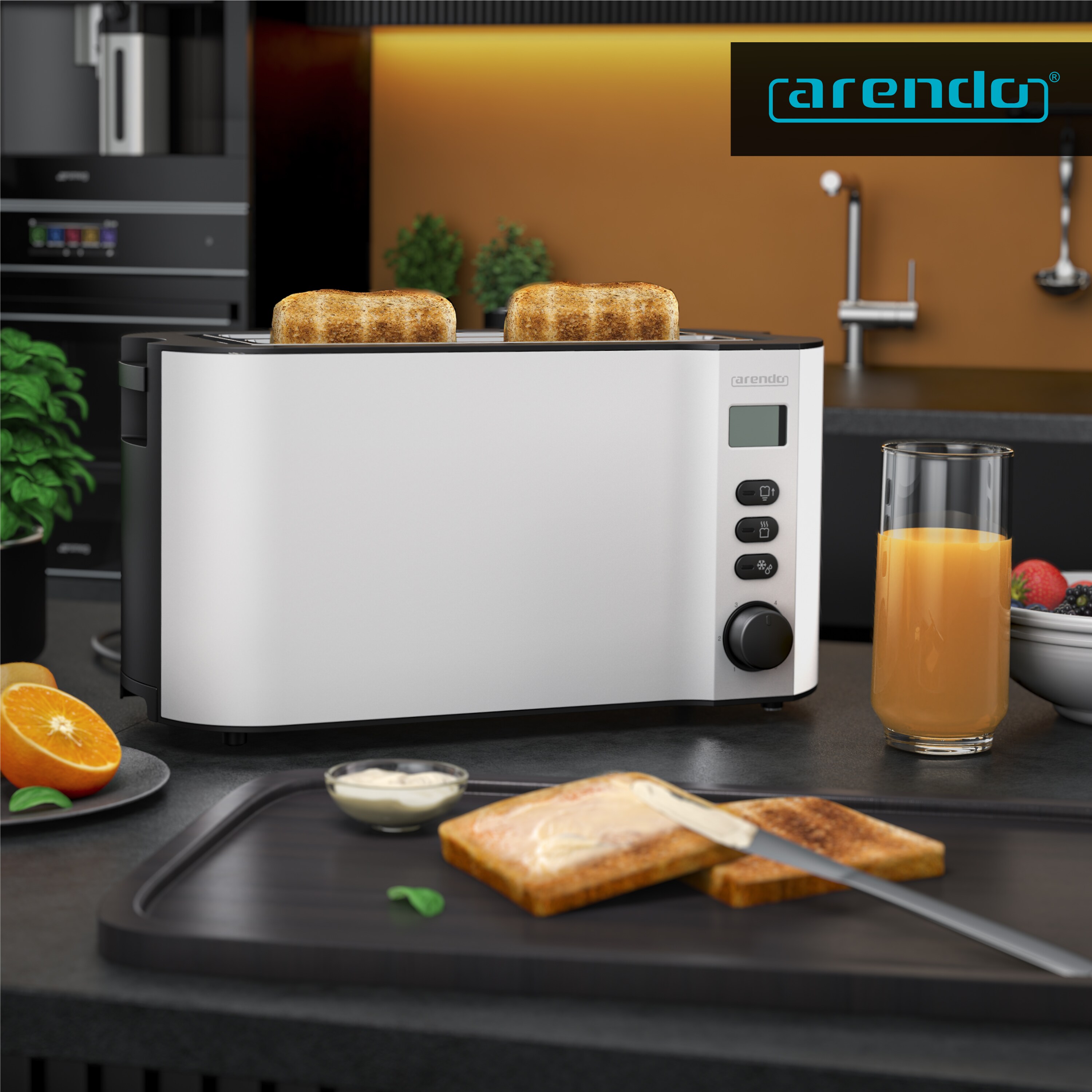 Arendo Langschlitz-Toaster für 4 Scheiben, Doppelwandgehäuse, integrierter Brötchenaufsatz, Bräunungsgrade 1-6, Brotzentrierung