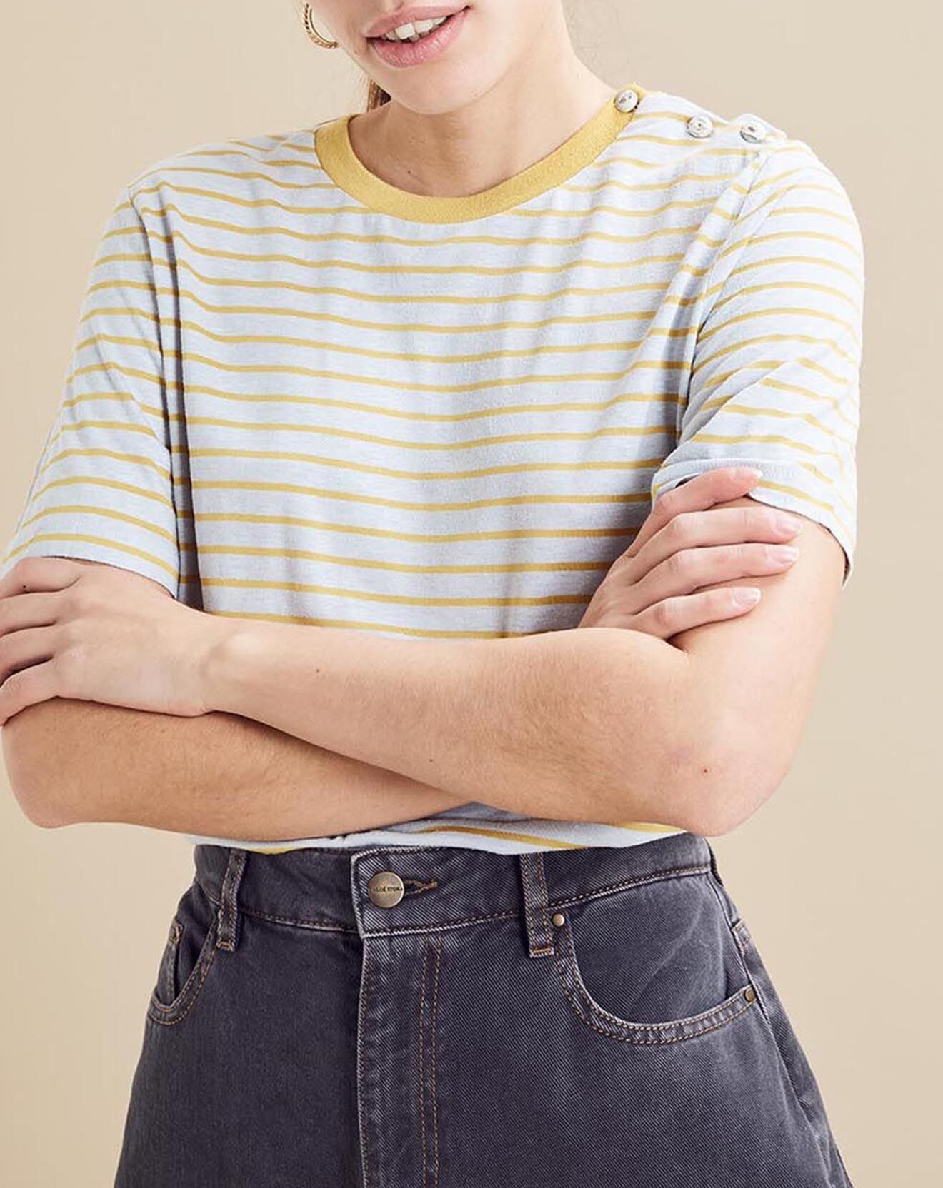 Chloé Stora T-Shirt en Lin mélangé Théon à rayures ciel/jaune