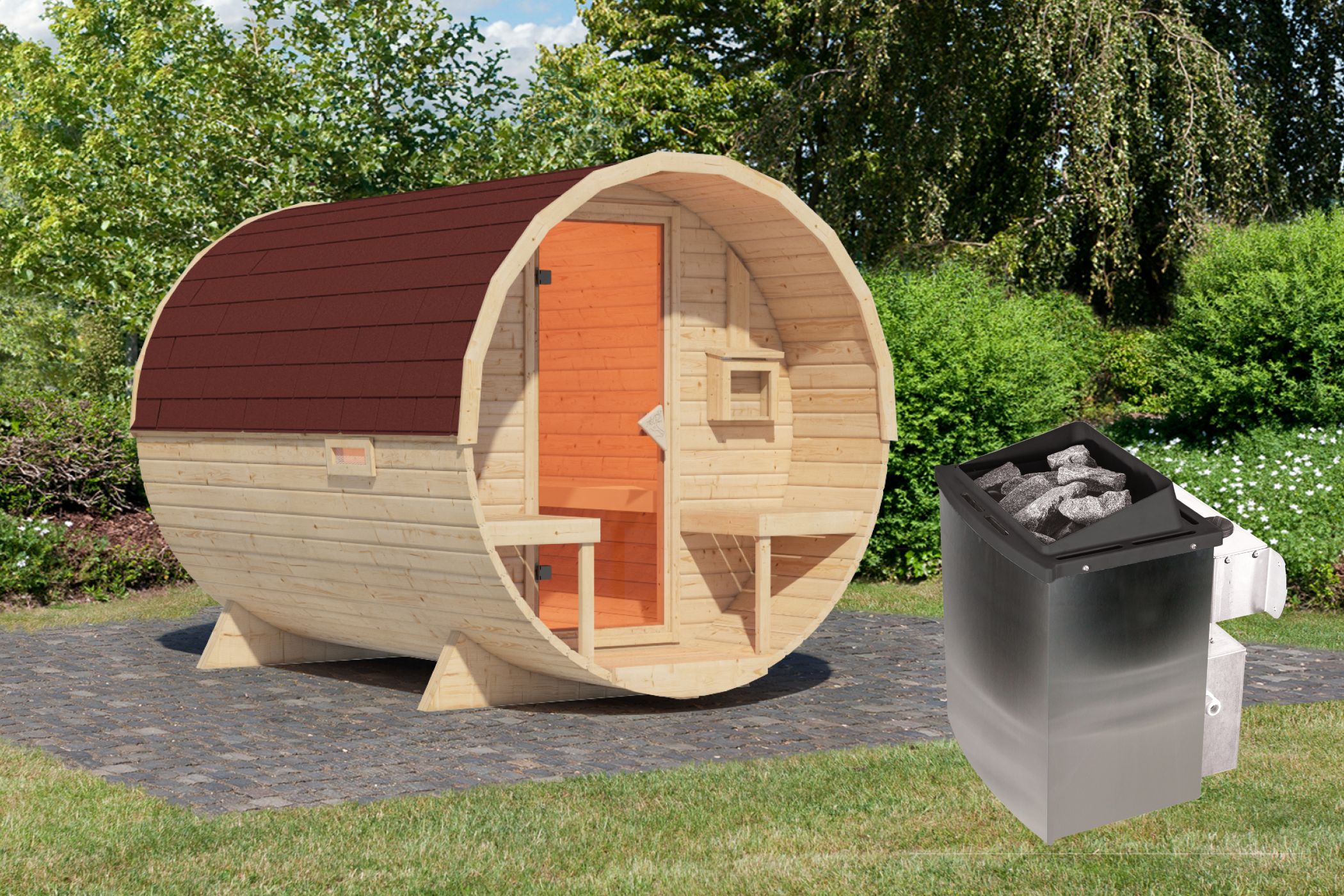 Karibu Fasssauna 2 - 38 mm Saunaofen eingebaute Steuerung 9 kW inkl. Dachschindeln