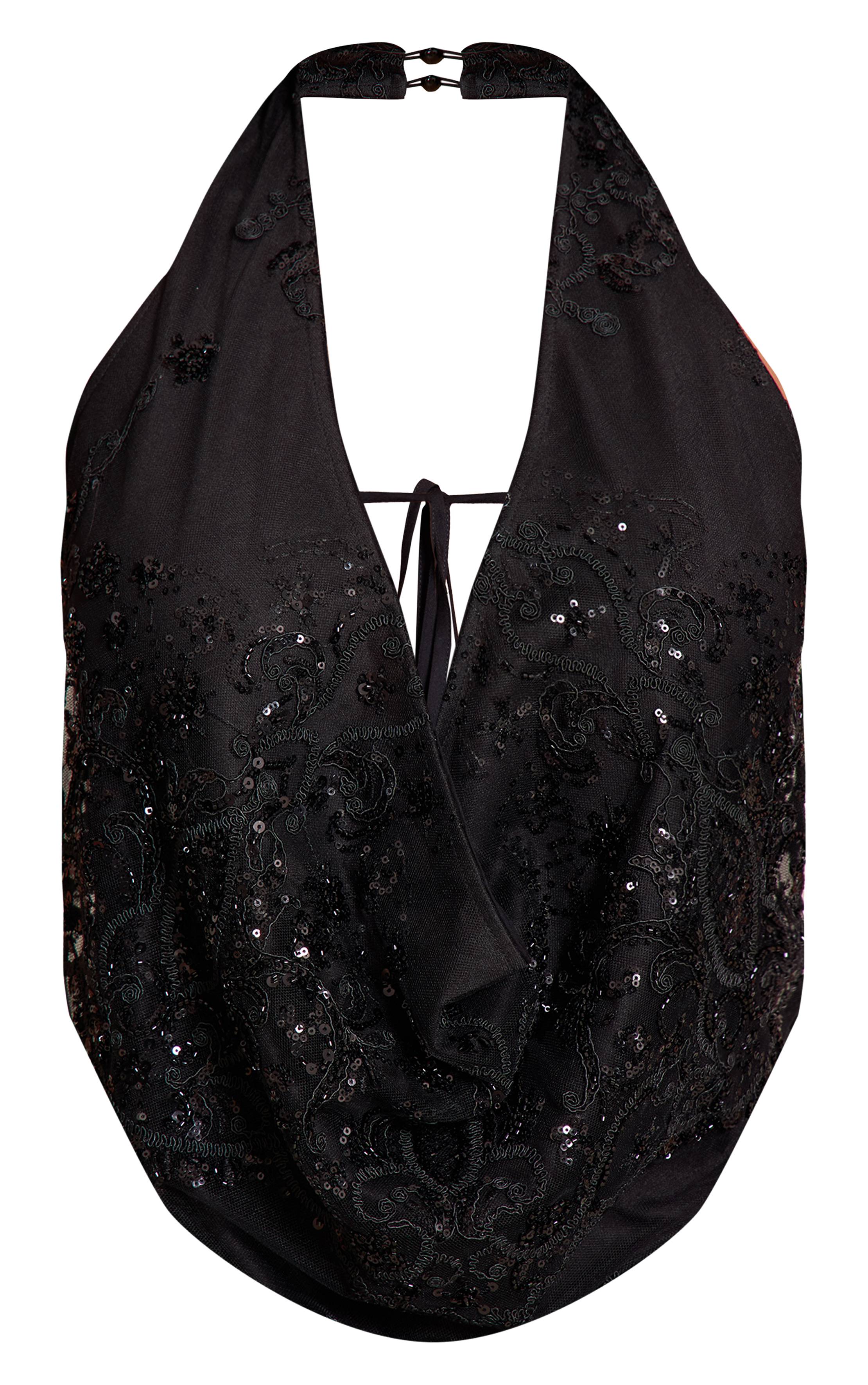 Noir Haut Shape Col Halter Drapé Orné De Broderies