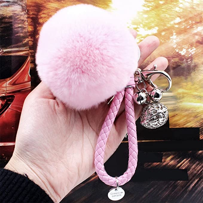 Pompom Schlüsselanhänger Handtaschen Accessoire - Rosa / Silber