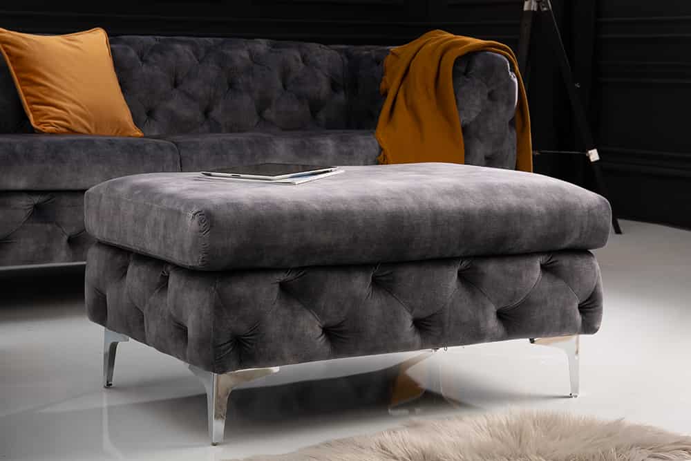 Chesterfield Hocker MODERN BAROCK 90cm dunkelgrau Samt Sitzhocker Fußhocker