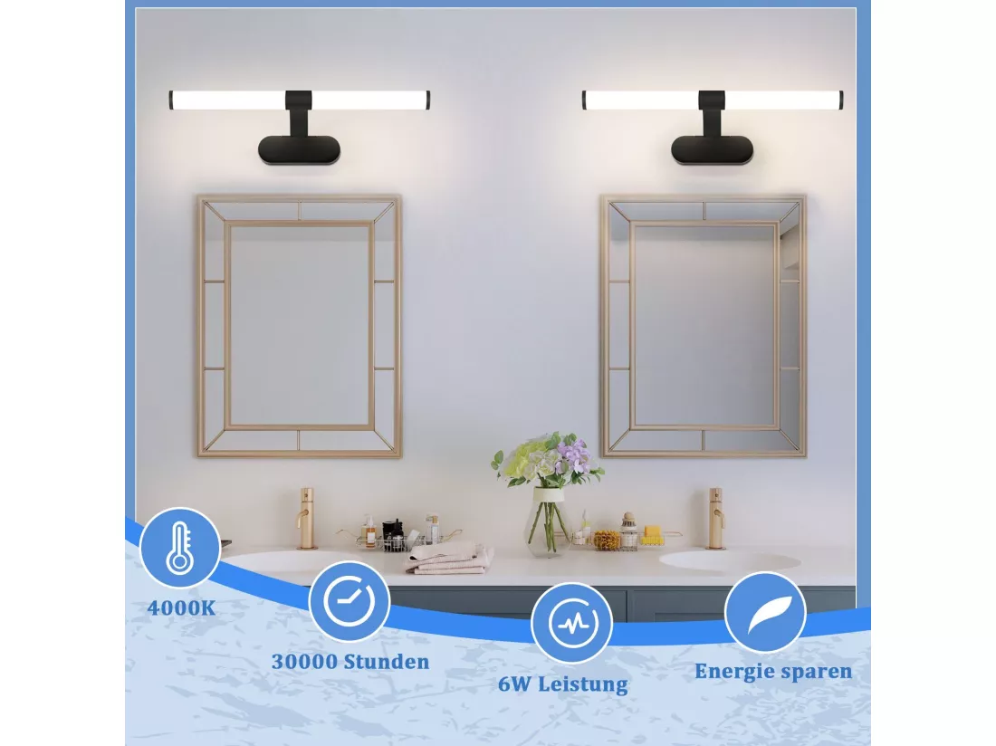 NETTLIFE Applique LED salle de bain ，lampe miroir LED, lumière blanche neutre 4000 Kelvin, 6W, étanche IP44, largeur 400mm,noire