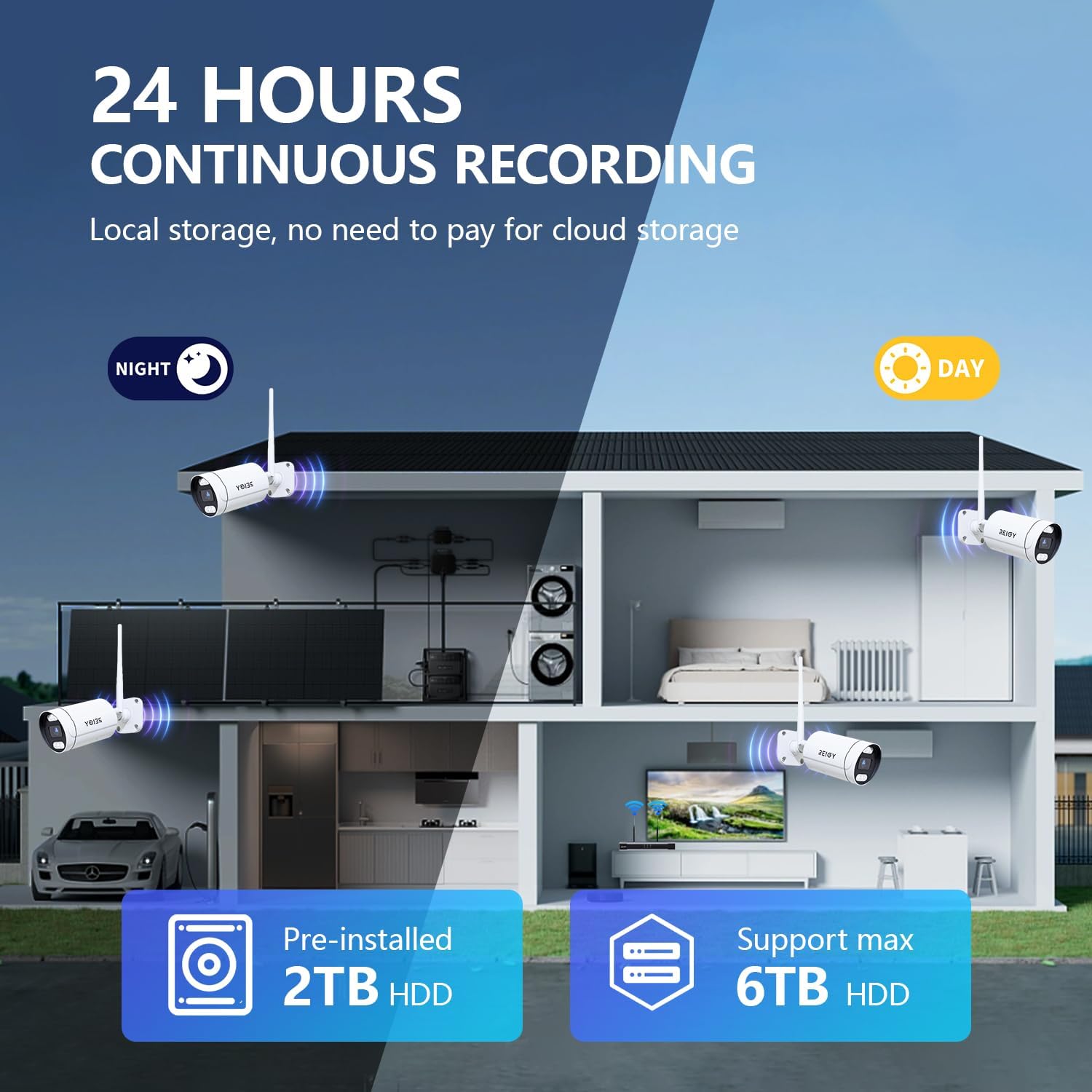 REIGY 8MP WLAN Überwachungskamera Set Aussen mit 2TB Festplatte, 4K Überwachungssystem 16CH WiFi NVR +4x2160P Kamera Outdoor, Zwei-Wege-Audio Bewegungserkennung Farbige Nachtsich