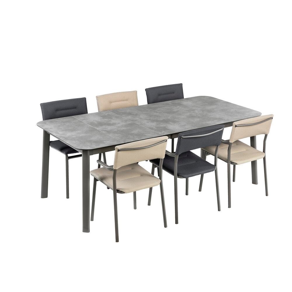 Set 1 Gartentisch 6-8 Personen ausziehbar und 6 Gartensessel Oron HPL Ciment