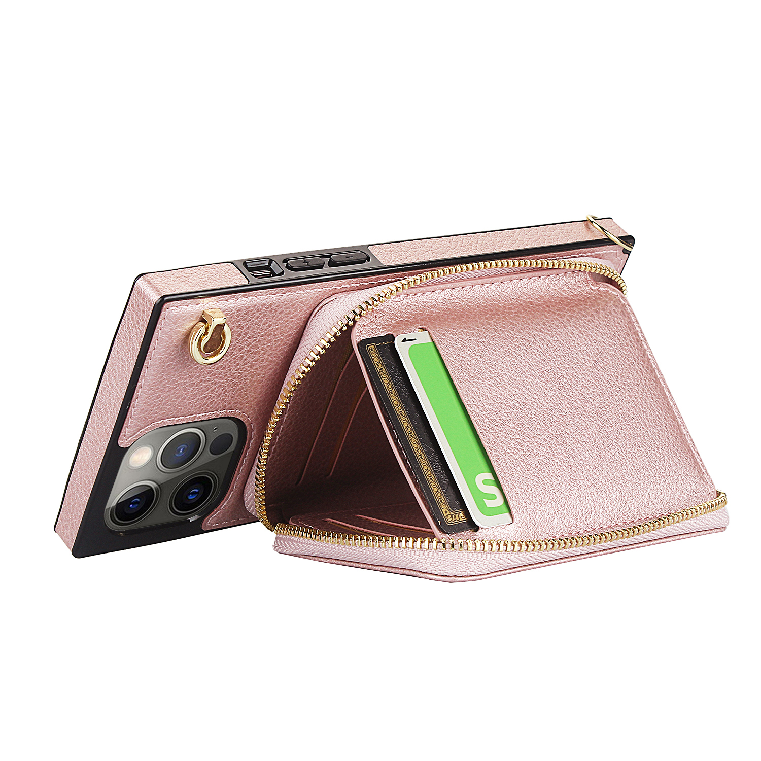 iPhone 16 Pro Necklace Leder Schutz Hülle mit Kartenfächer   Handykette (140cm) - Roségold
